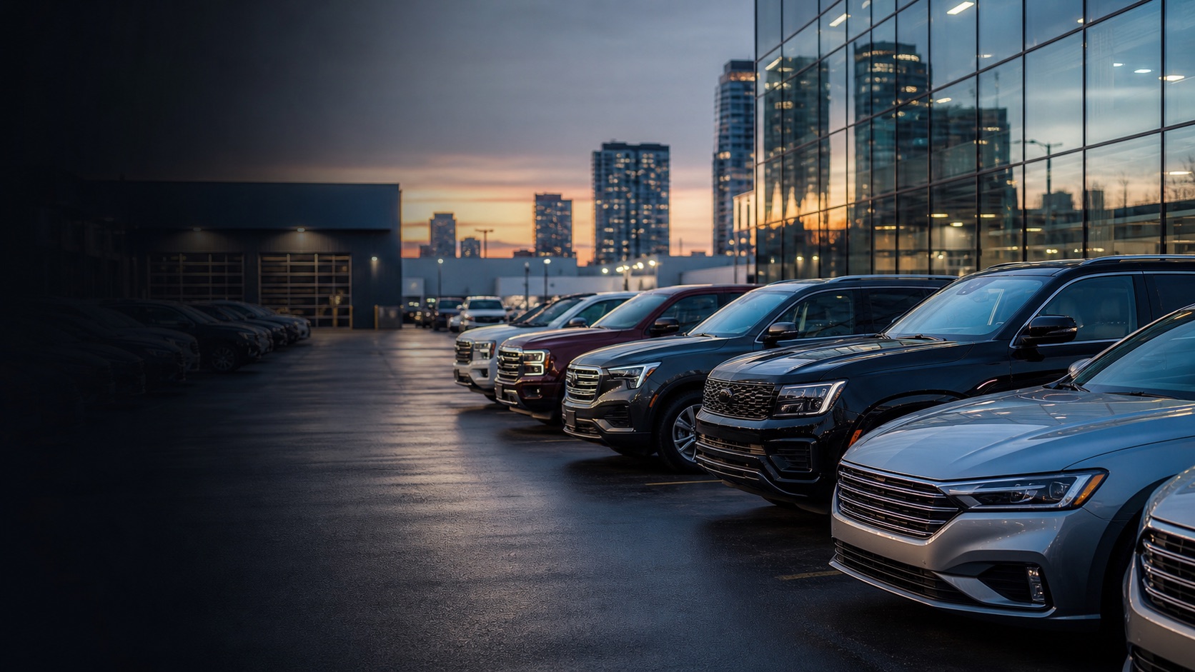 Rows of wholesale vehicles beside a modern Toronto dealership building